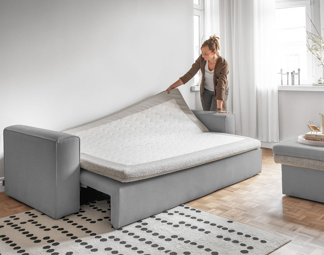 Canapé droit 3 places convertible avec coffre en tissu et tissu texturé Wilson