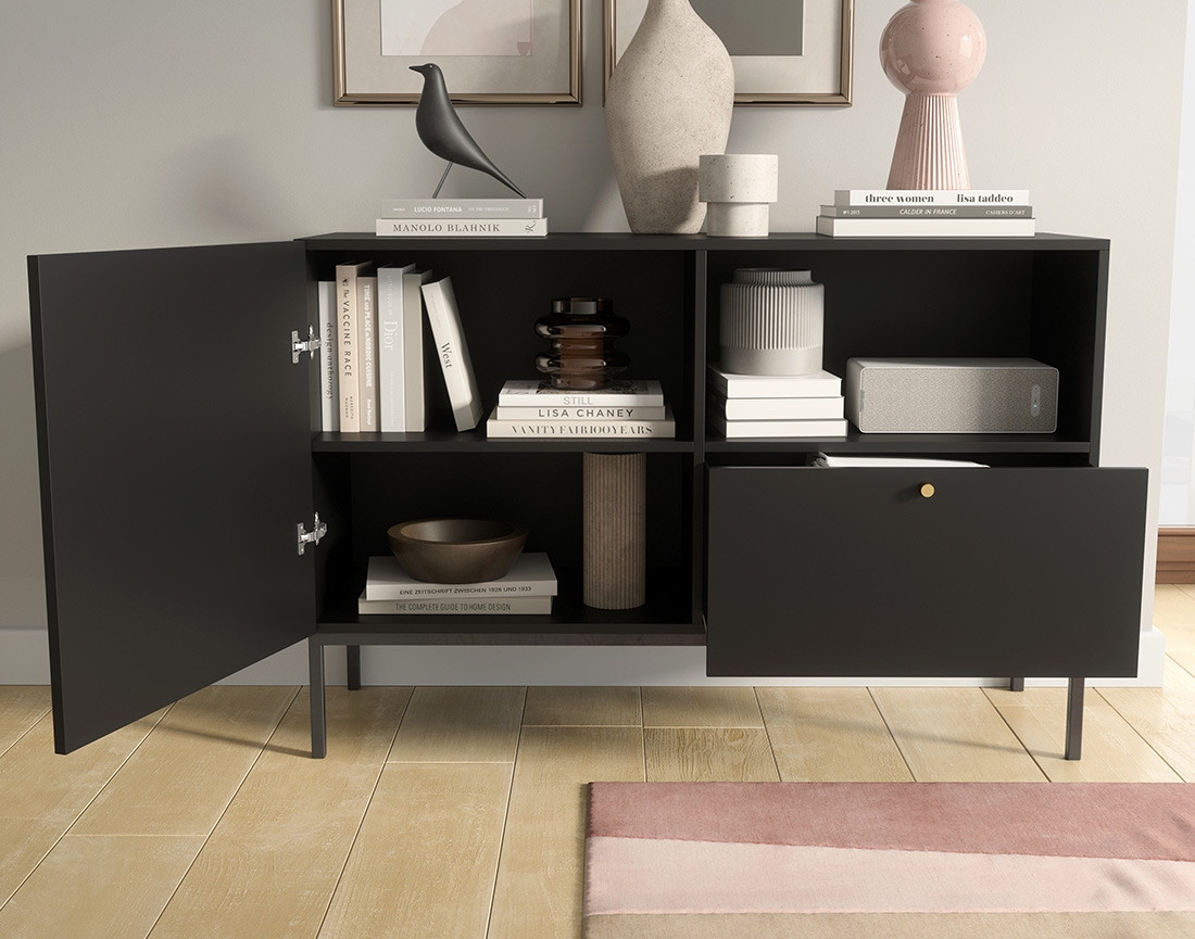 Buffet bas noir 1 porte, 1 tiroir et 1 niche 120 cm Felicia