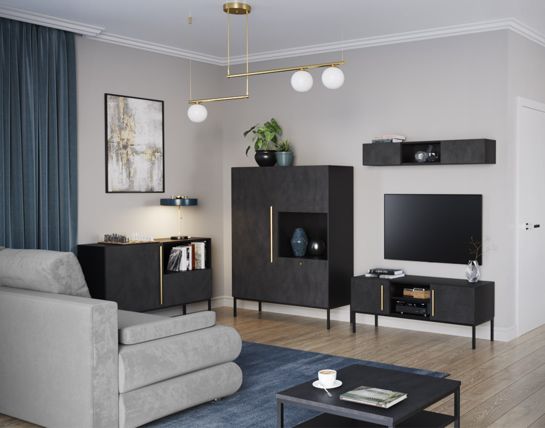 Buffet bas noir 1 porte, 1 tiroir et 1 niche 120 cm Felicia