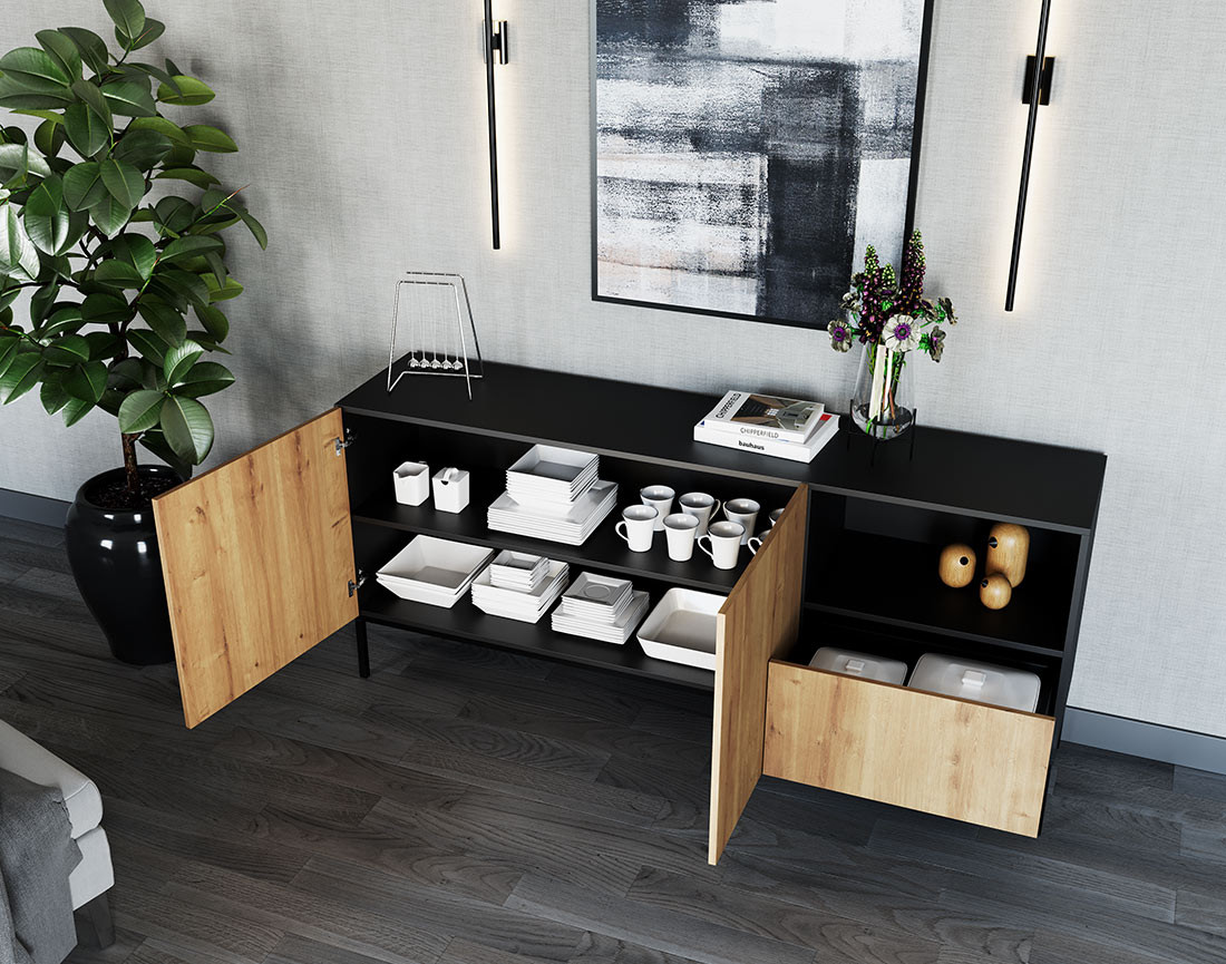 Buffet bas bois et noir 180 cm Felicia