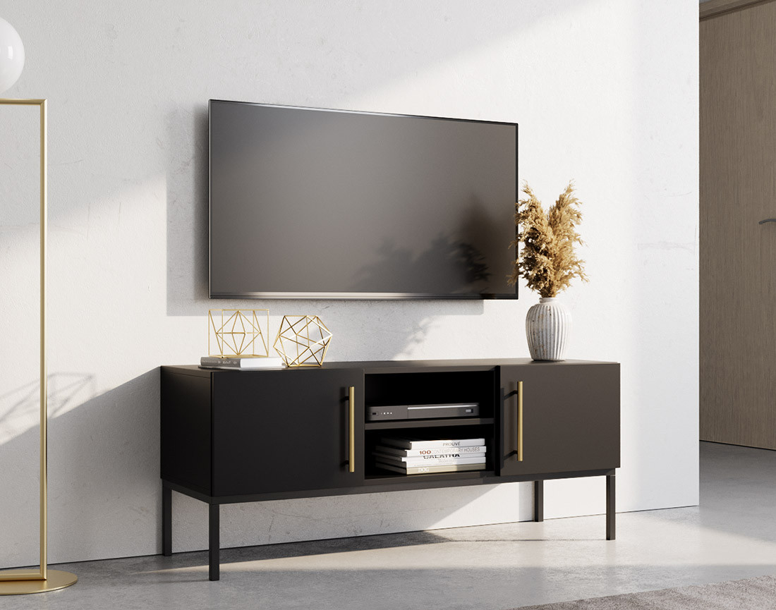 Meuble TV noir 2 portes et 2 niches 120 cm Felicia
