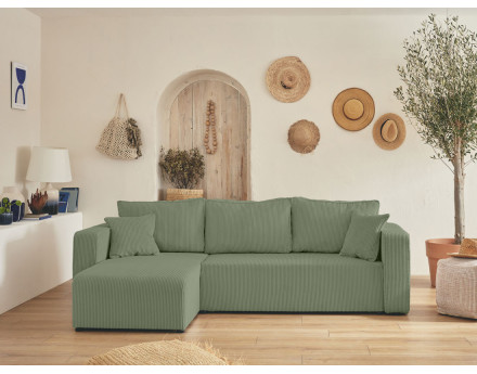 Canapé d'angle réversible 4 places convertible avec coffre en velours côtelé Topaze