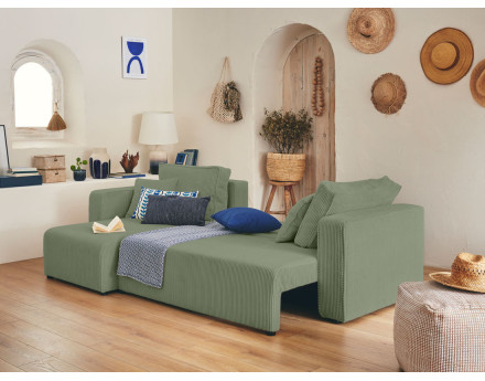 Canapé d'angle réversible 4 places convertible avec coffre en velours côtelé Topaze