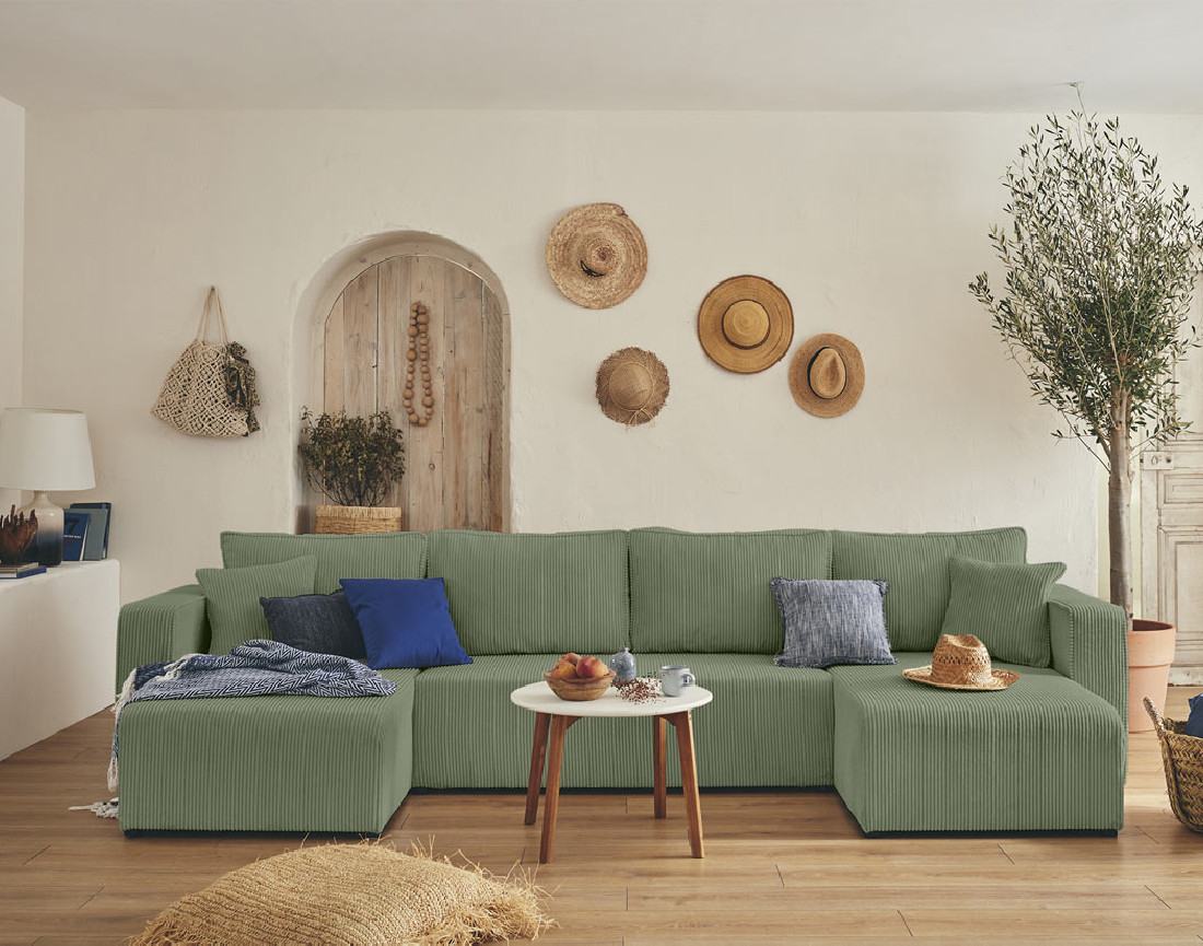 Canapé panoramique en U 7 places convertible avec coffre en velours côtelé Topaze