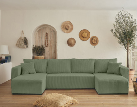 Canapé panoramique en U 7 places convertible avec coffre en velours côtelé Topaze