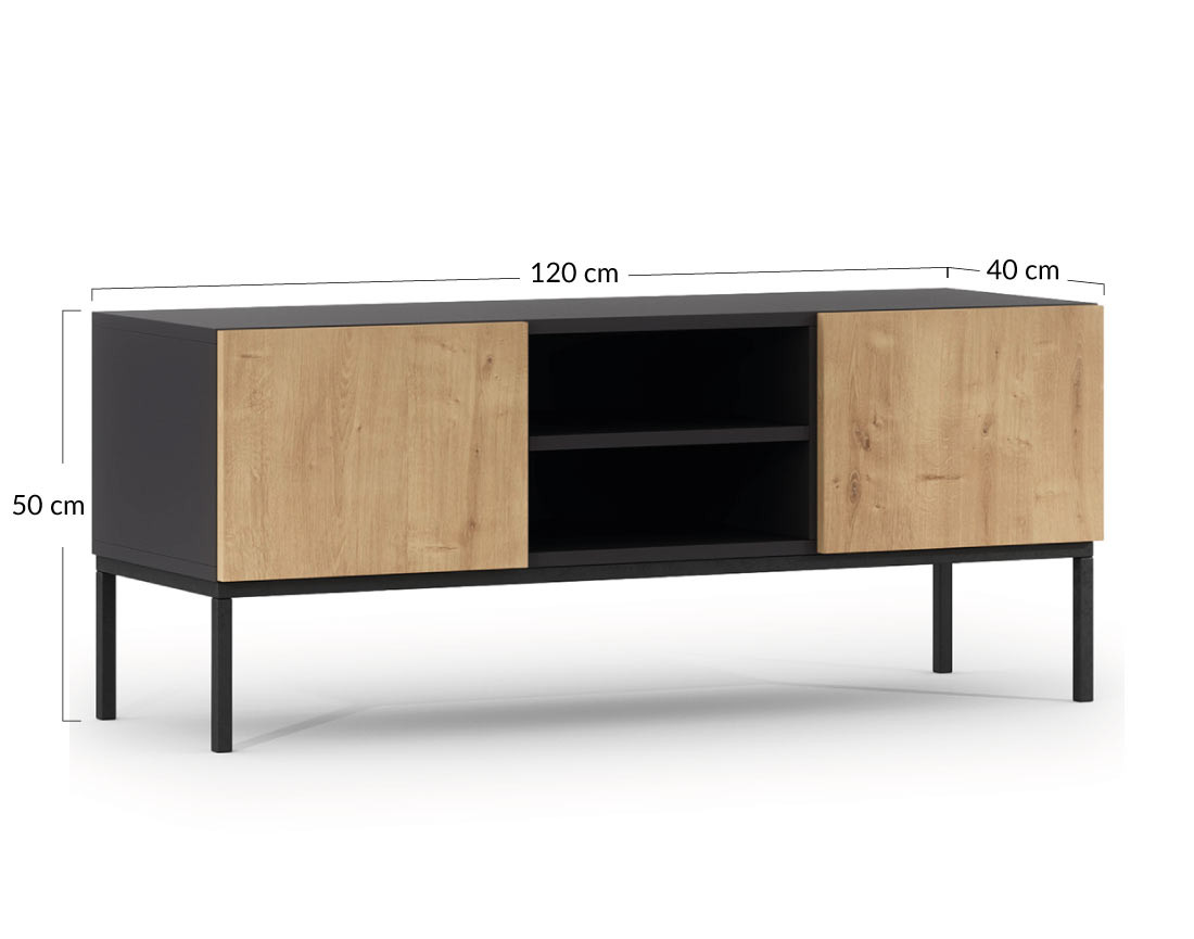 Meuble TV bois et noir 2 portes et 2 niches 120 cm Felicia