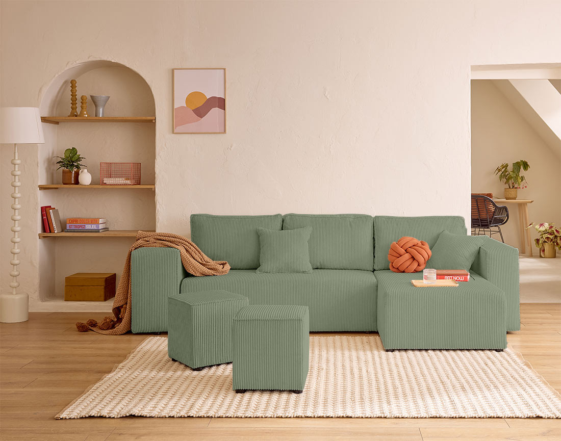 Canapé d'angle convertible en velours côtelé avec poufs Topaze