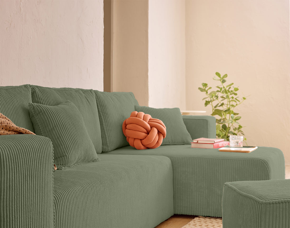 Canapé d'angle convertible en velours côtelé avec poufs Topaze