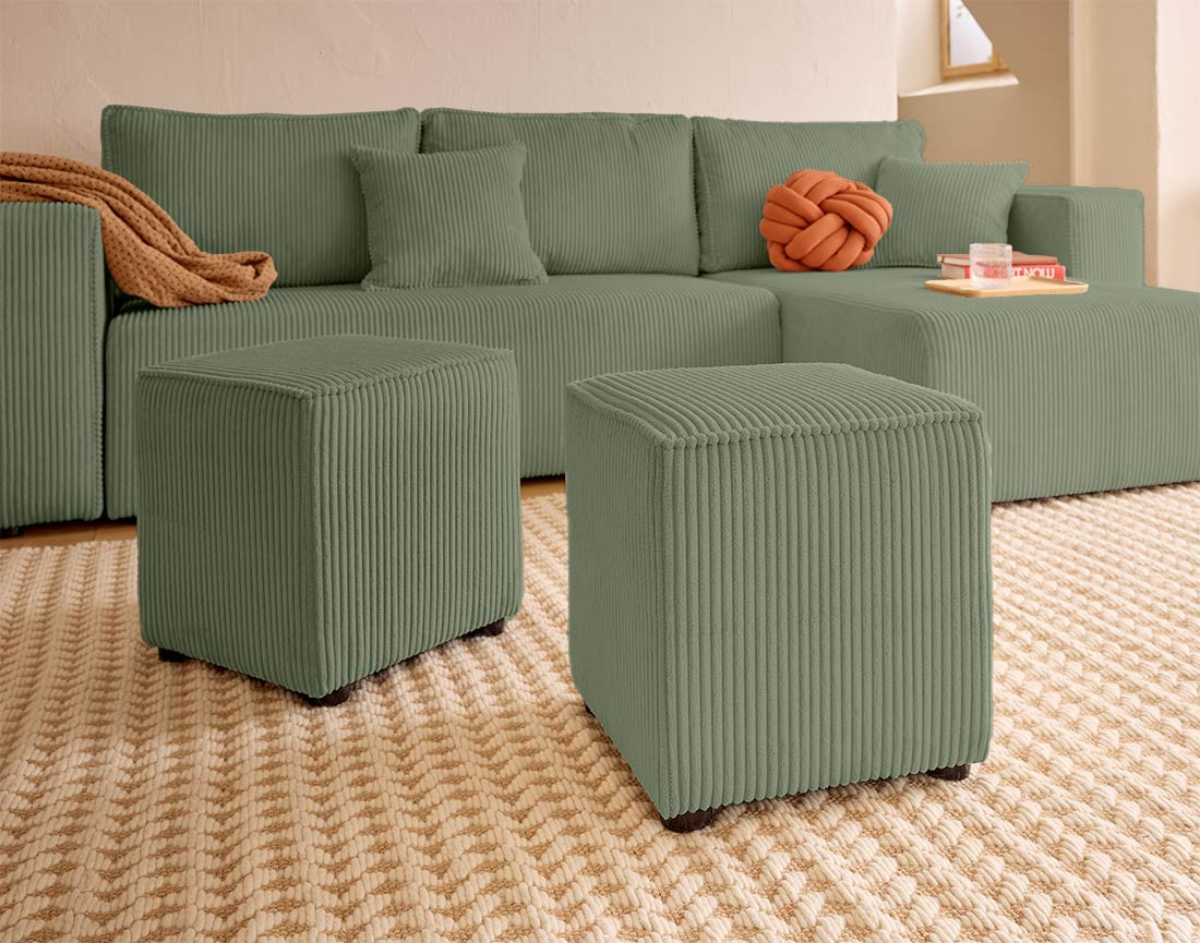 Canapé d'angle convertible en velours côtelé avec poufs Topaze