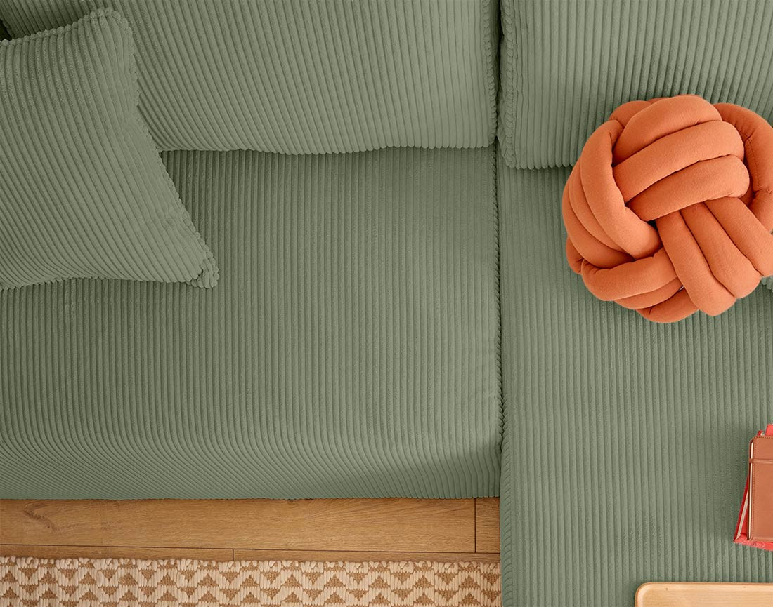 Canapé d'angle convertible en velours côtelé avec poufs Topaze
