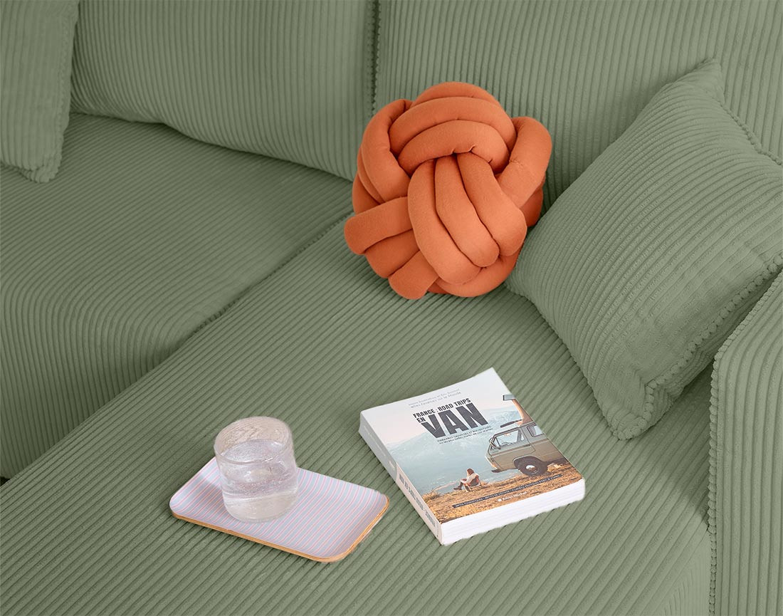 Canapé d'angle convertible en velours côtelé avec poufs Topaze
