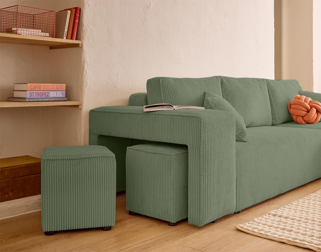 Canapé d'angle convertible en velours côtelé avec poufs Topaze