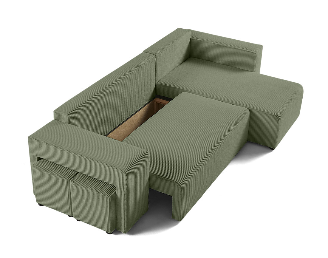 Canapé d'angle convertible en velours côtelé avec poufs Topaze