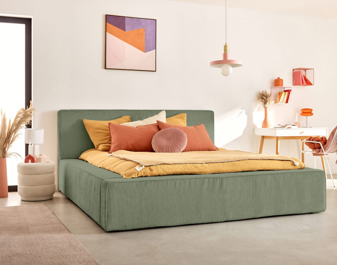 Lit coffre 160x200 cm sommier inclus velours côtelé Topaze