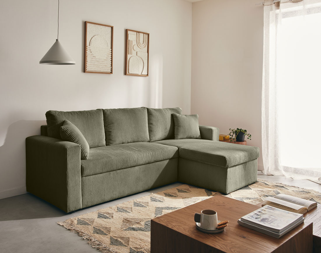 Canapé d'angle réversible 4 places convertible avec coffre en velours côtelé Cyrus