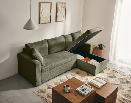 Canapé d'angle réversible 4 places convertible avec coffre en velours côtelé Cyrus