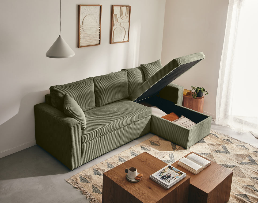 Canapé d'angle réversible 4 places convertible avec coffre en velours côtelé Cyrus