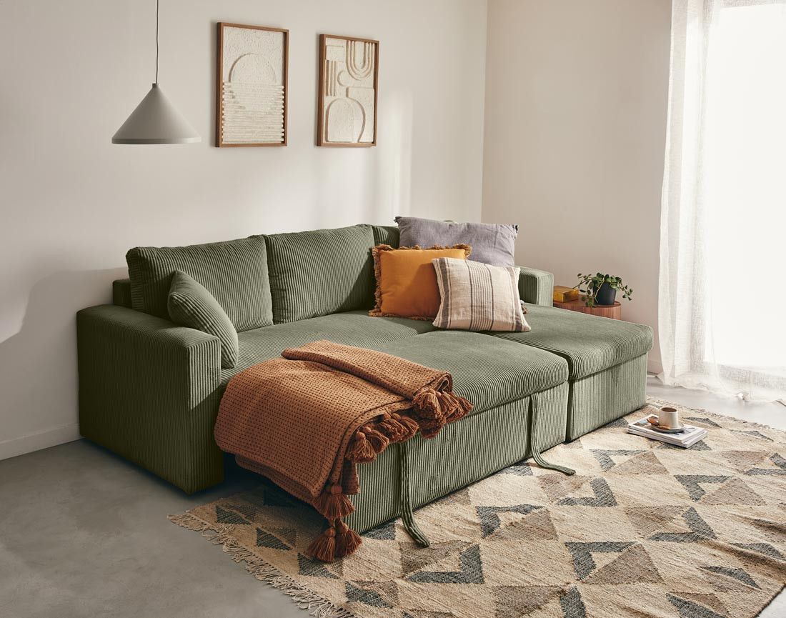 Canapé d'angle réversible 4 places convertible avec coffre en velours côtelé Cyrus