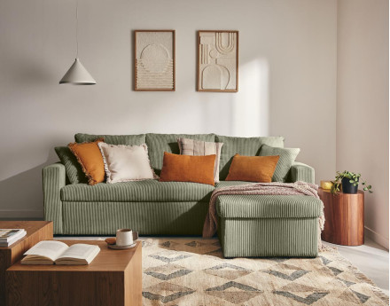 Canapé d'angle réversible 4 places convertible avec coffre en velours côtelé Cyrus