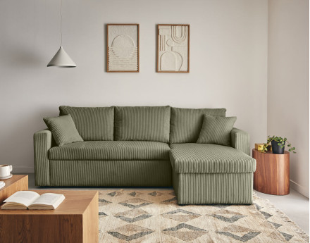 Canapé d'angle réversible 4 places convertible avec coffre en velours côtelé Cyrus