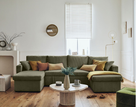 Canapé panoramique en U 7 places convertible avec coffre en velours côtelé Cyrus