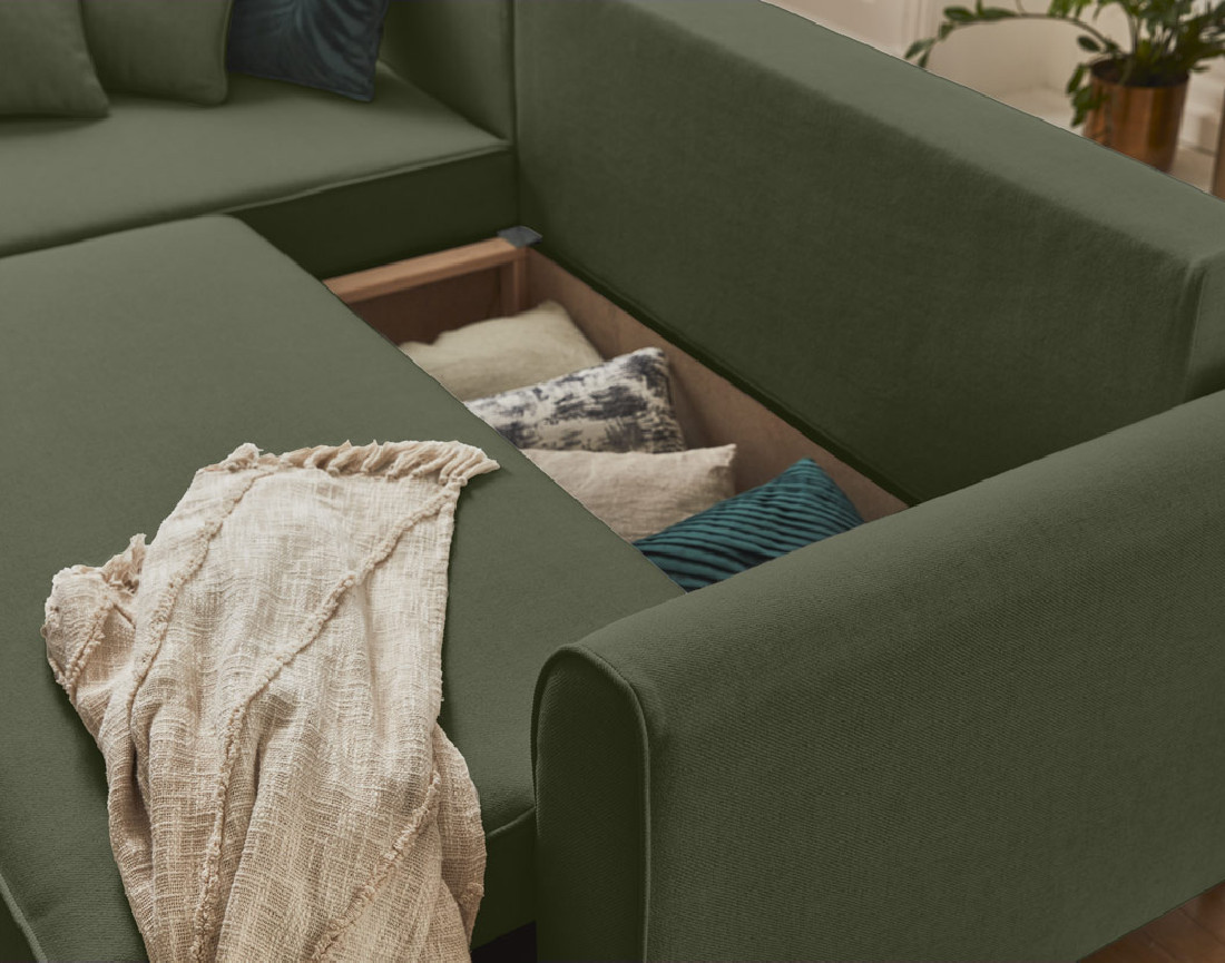 Canapé d'angle réversible 4 places convertible avec coffre en tissu Saphir