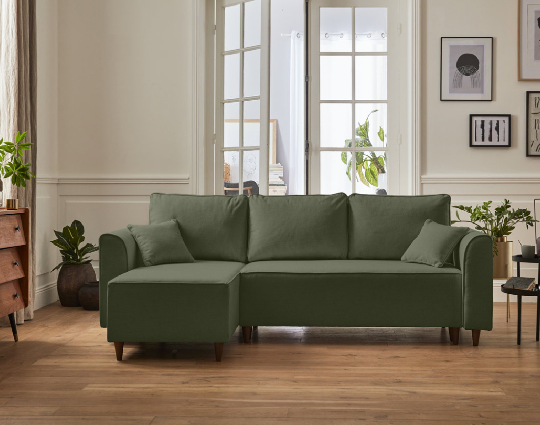 Canapé d'angle réversible 4 places convertible avec coffre en tissu Saphir