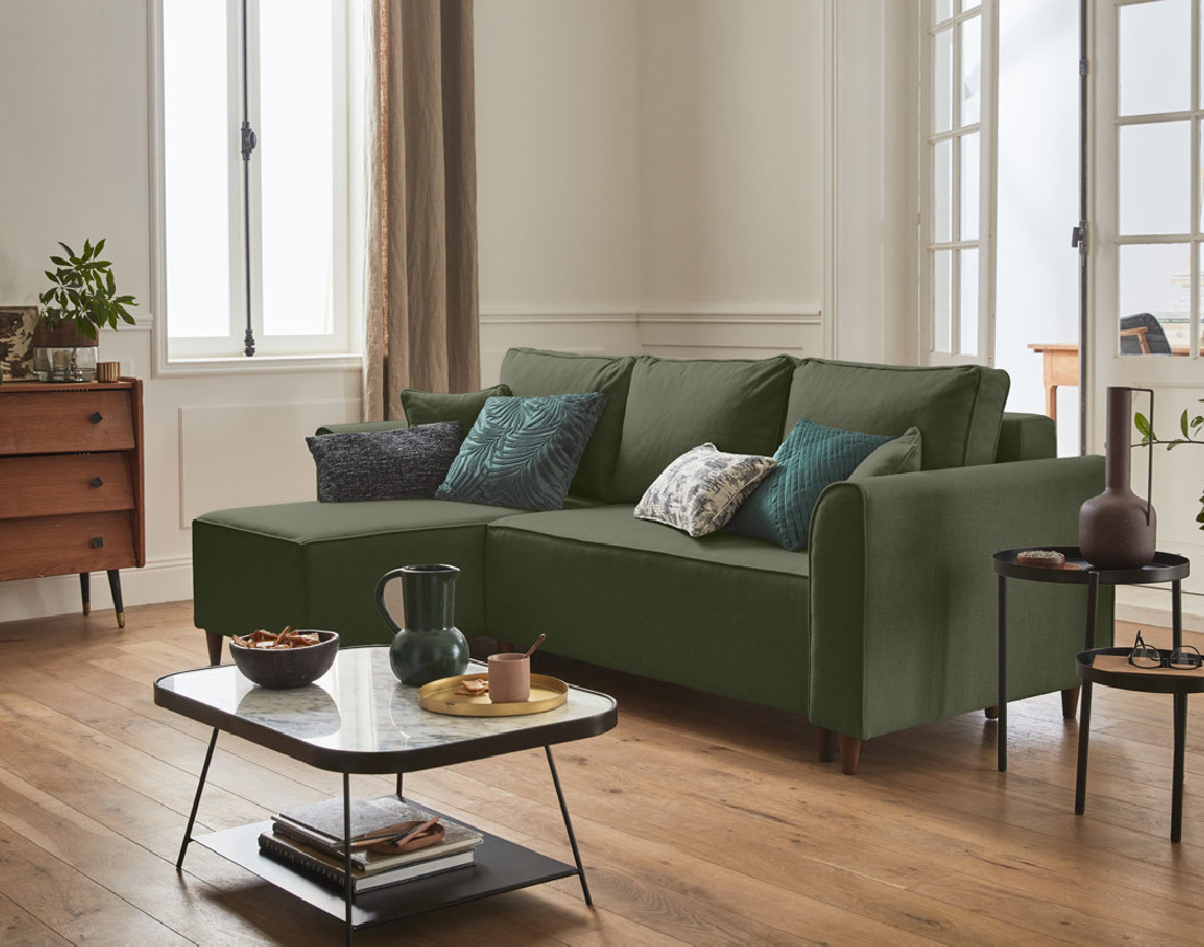 Canapé d'angle réversible 4 places convertible avec coffre en tissu Saphir