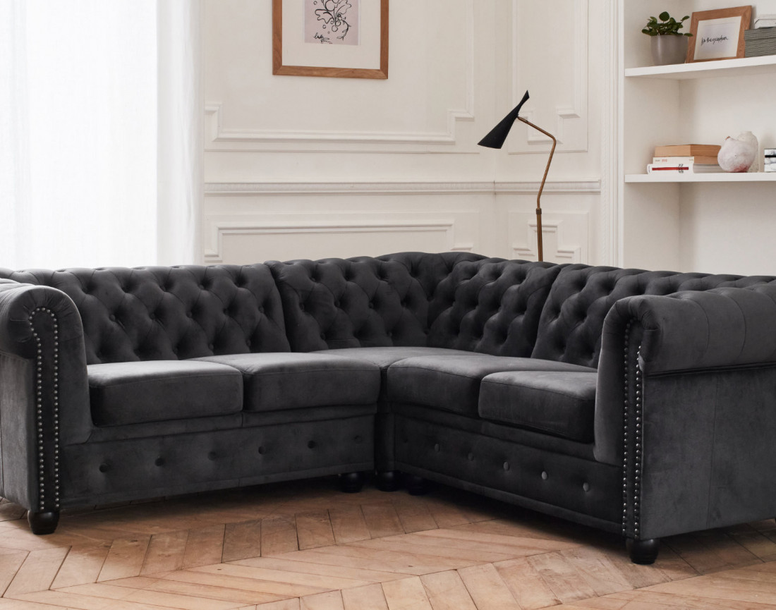 Canapé Chesterfield d'angle réversible 5 places en velours William