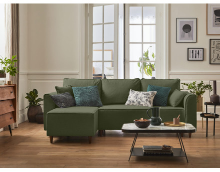 Canapé d'angle réversible 4 places convertible avec coffre en tissu Saphir