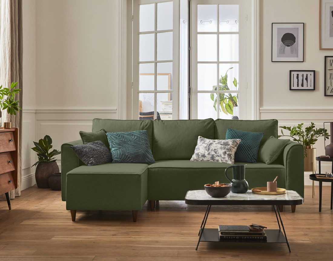 Canapé d'angle réversible 4 places convertible avec coffre en tissu Saphir