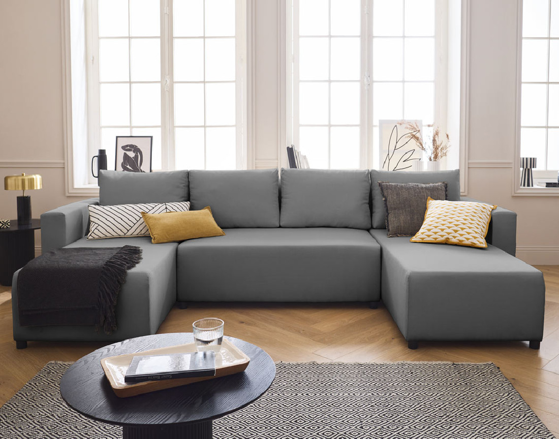 Canapé panoramique 7 places convertible avec coffre en tissu Regala