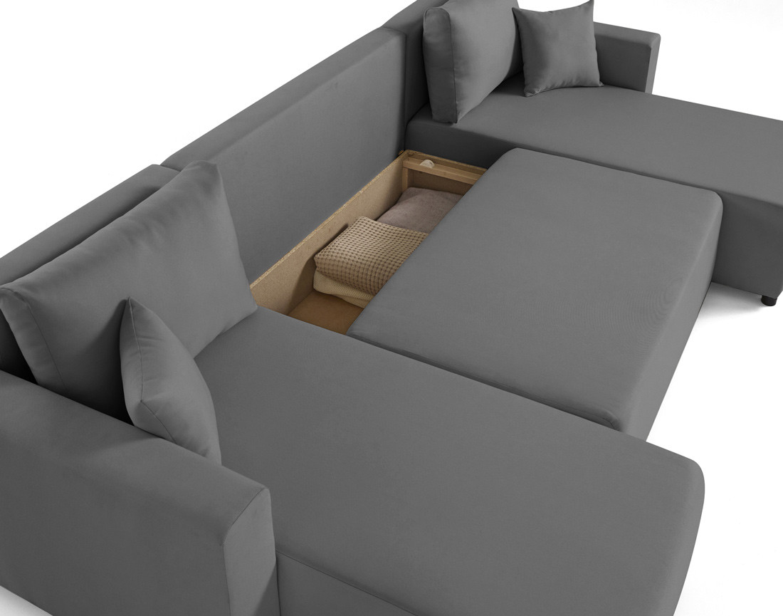 Canapé panoramique 7 places convertible avec coffre en tissu Regala