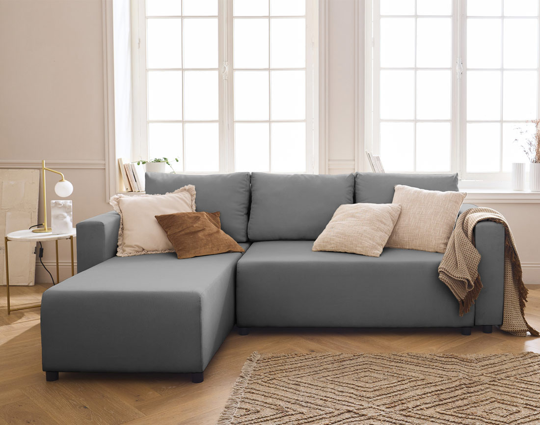 Canapé d'angle réversible 4 places convertible avec coffre en tissu Regala