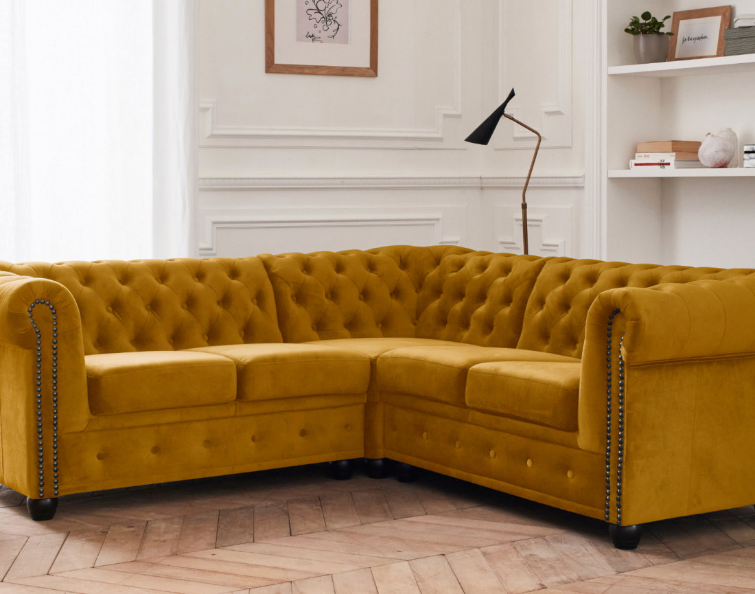 Canapé Chesterfield d'angle réversible 5 places en velours William