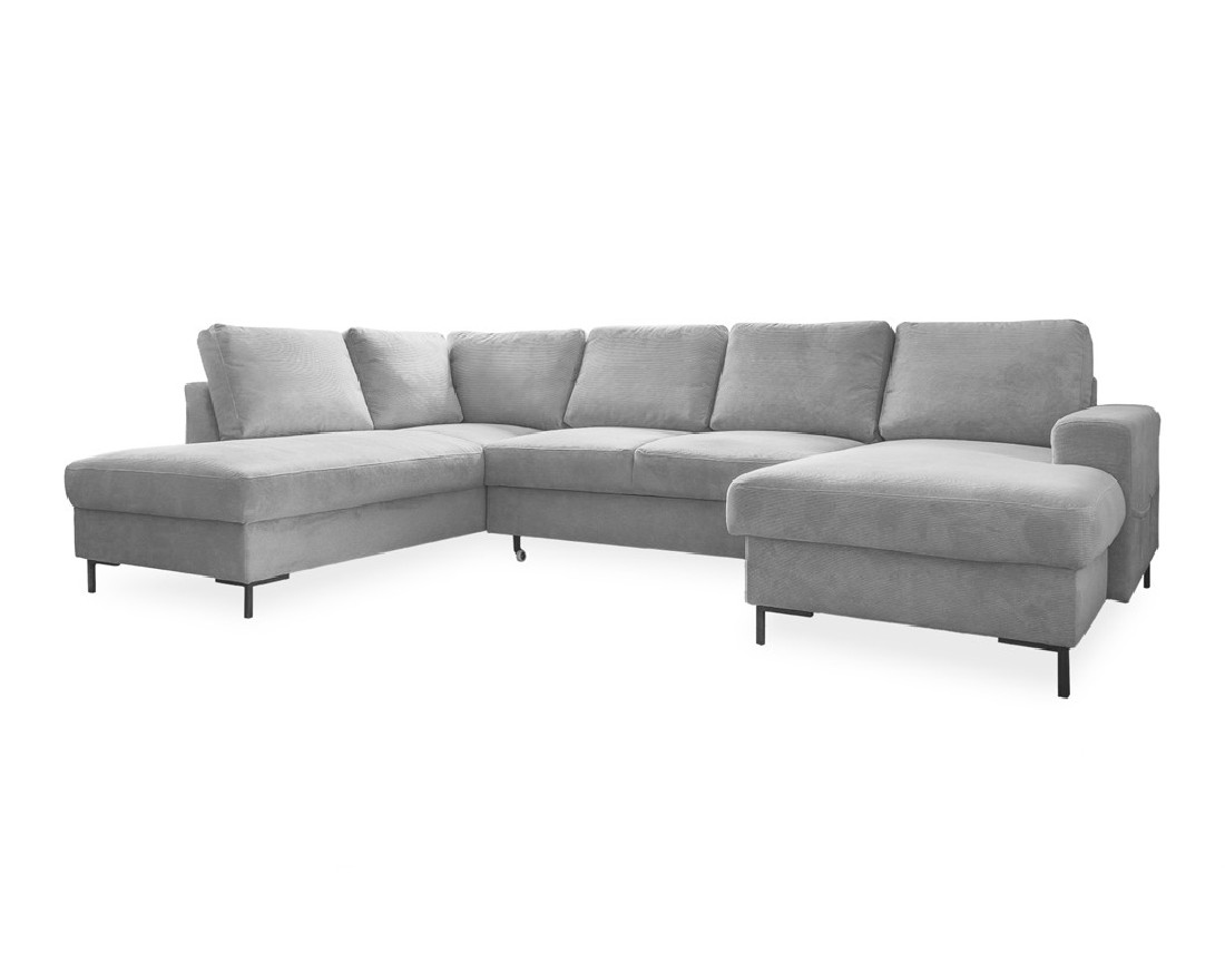 Canapé panoramique d'angle gauche 7 places convertible avec coffre en velours côtelé Lilly