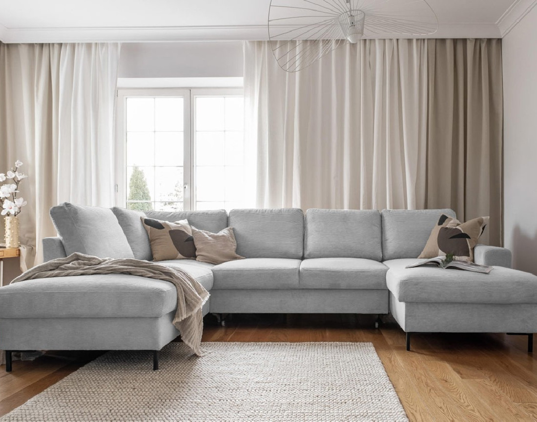 Canapé panoramique d'angle gauche 7 places convertible avec coffre en velours côtelé Lilly