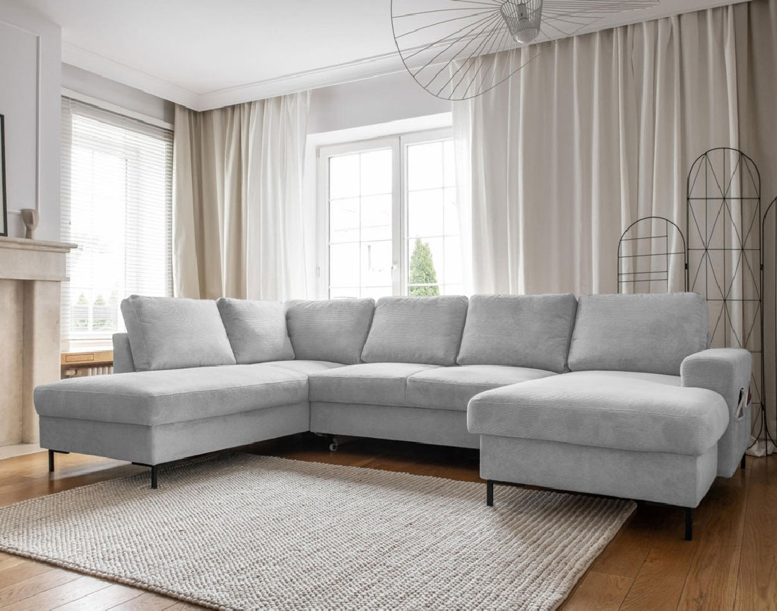 Canapé panoramique d'angle gauche 7 places convertible avec coffre en velours côtelé Lilly