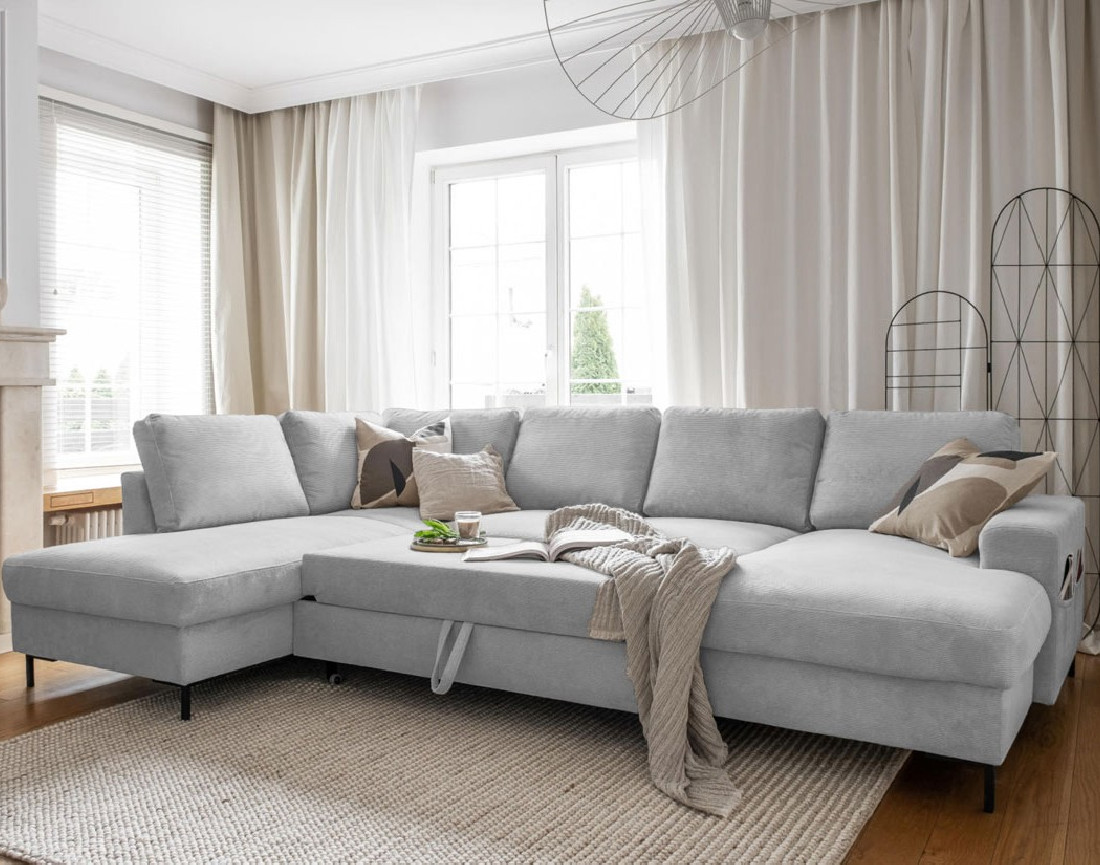 Canapé panoramique d'angle gauche 7 places convertible avec coffre en velours côtelé Lilly