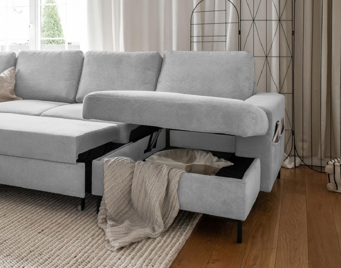 Canapé panoramique d'angle gauche 7 places convertible avec coffre en velours côtelé Lilly