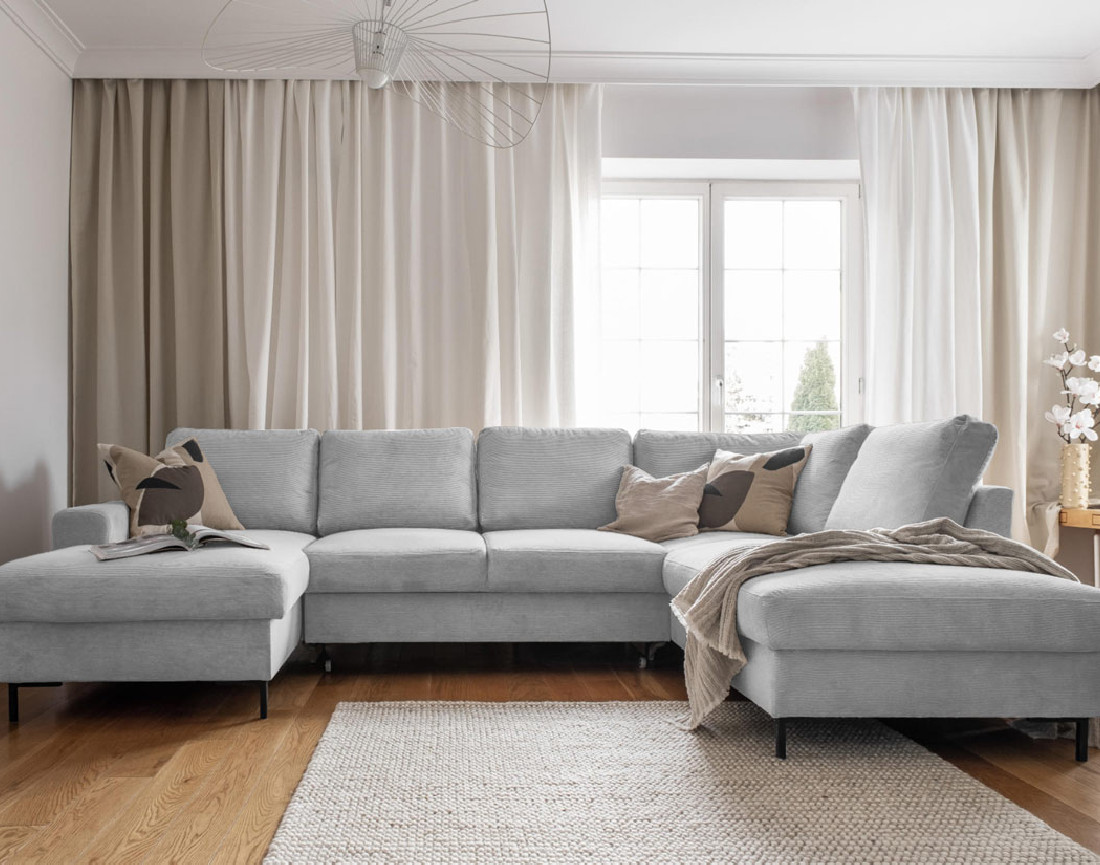 Canapé panoramique d'angle droit 7 places convertible avec coffre en velours côtelé Lilly