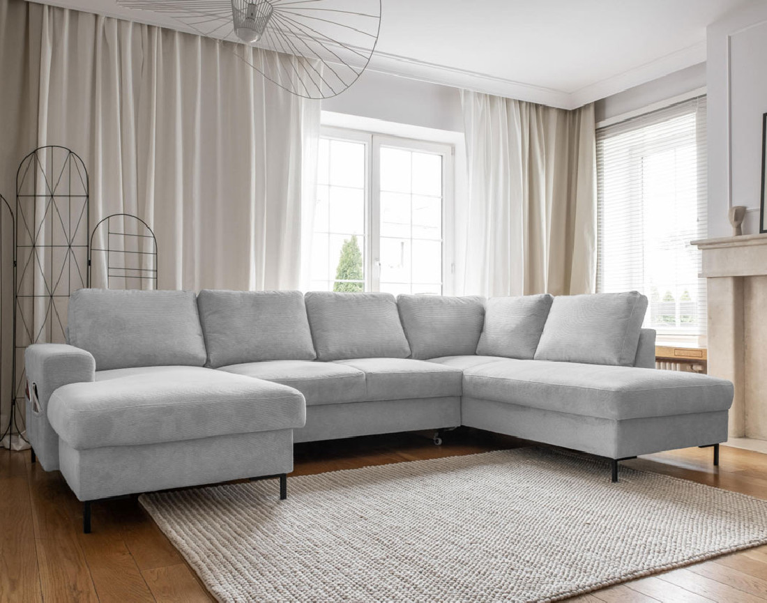 Canapé panoramique d'angle droit 7 places convertible avec coffre en velours côtelé Lilly