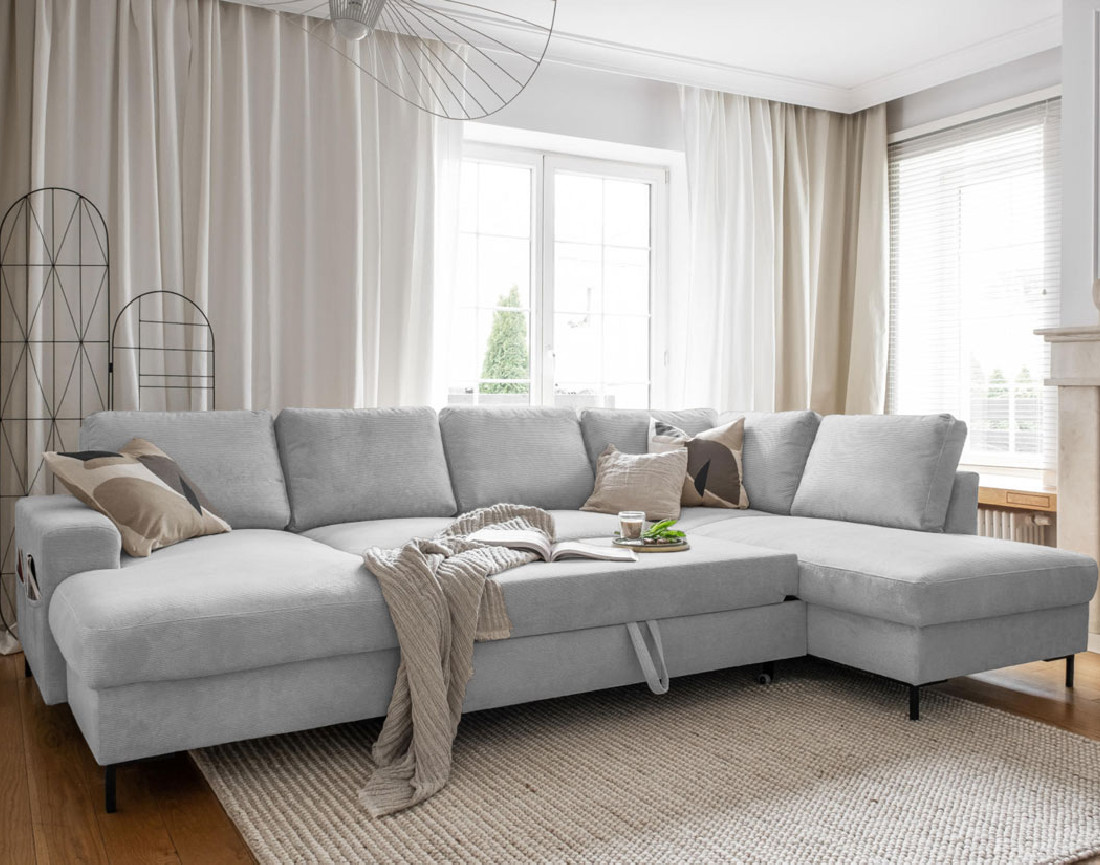 Canapé panoramique d'angle droit 7 places convertible avec coffre en velours côtelé Lilly