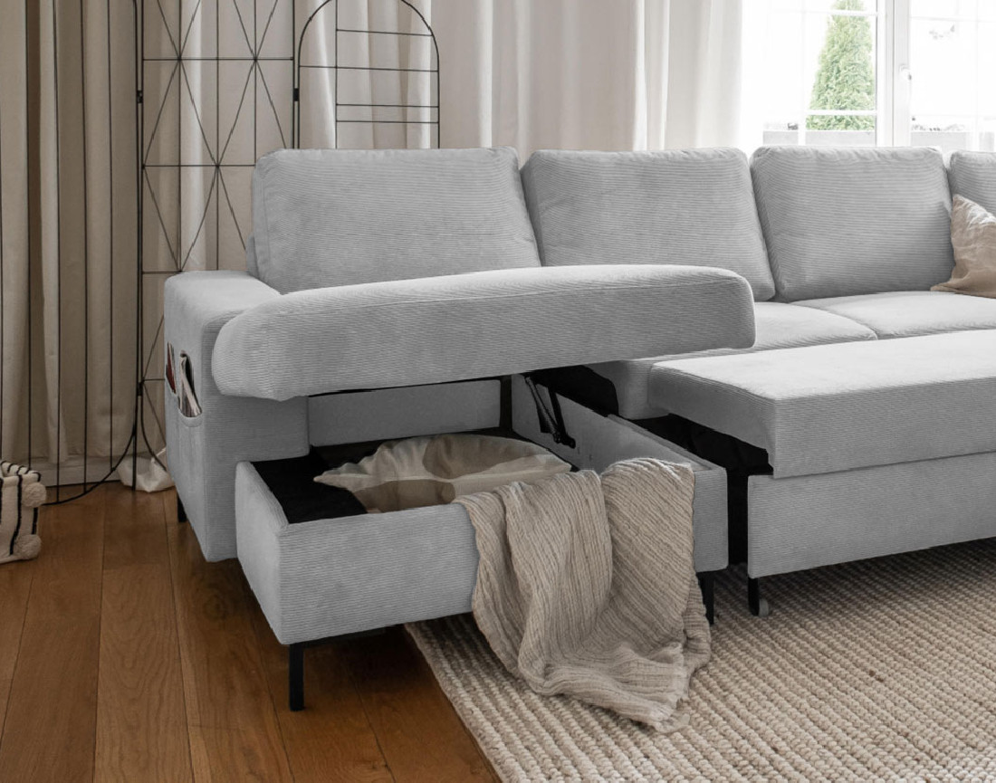 Canapé panoramique d'angle droit 7 places convertible avec coffre en velours côtelé Lilly