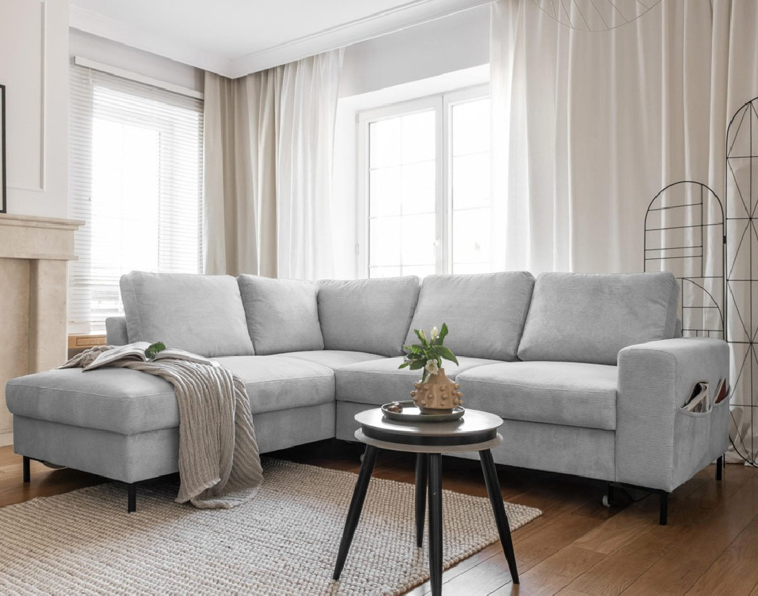 Canapé d'angle gauche 5 places convertible en velours côtelé Lilly