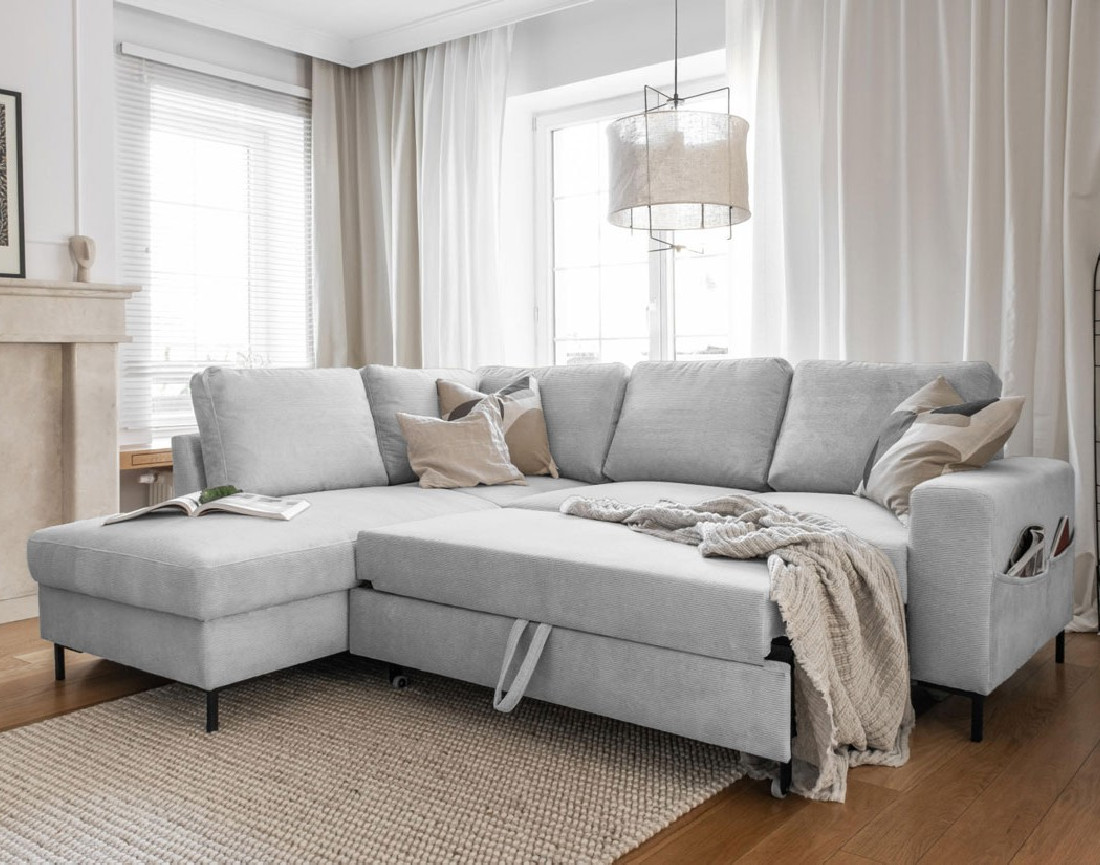 Canapé d'angle gauche 5 places convertible en velours côtelé Lilly