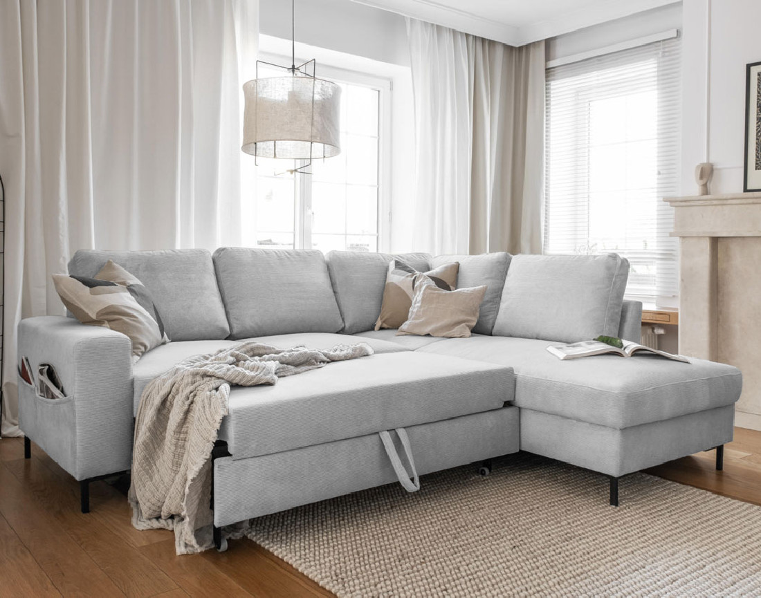 Canapé d'angle droit 5 places convertible en velours côtelé Lilly