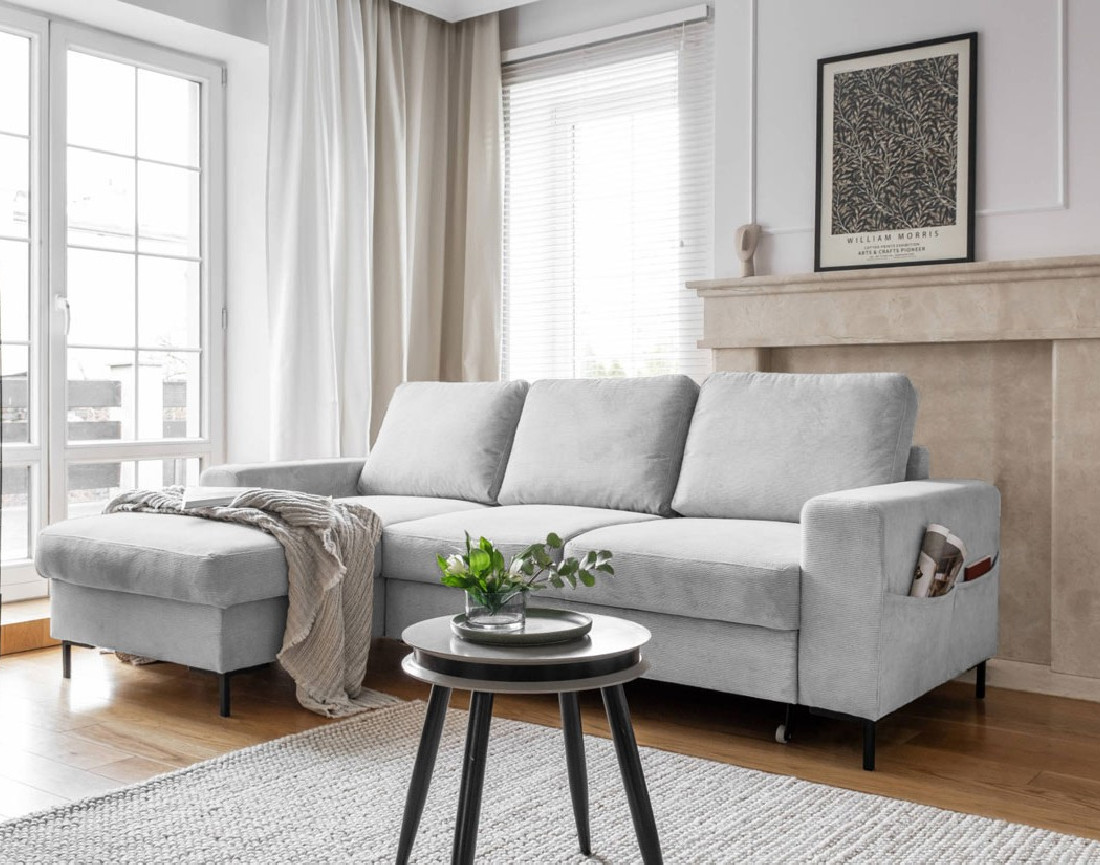 Canapé d'angle gauche 4 places convertible avec coffre en velours côtelé Lilly