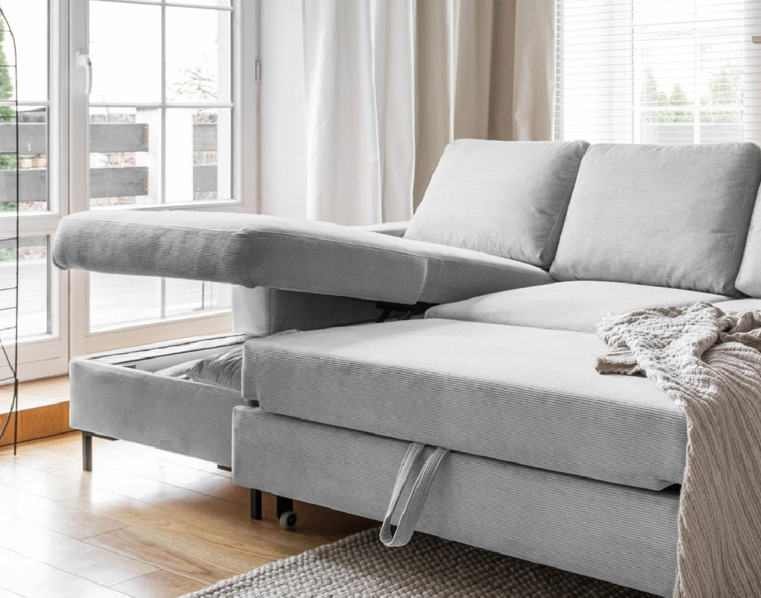 Canapé d'angle gauche 4 places convertible avec coffre en velours côtelé Lilly