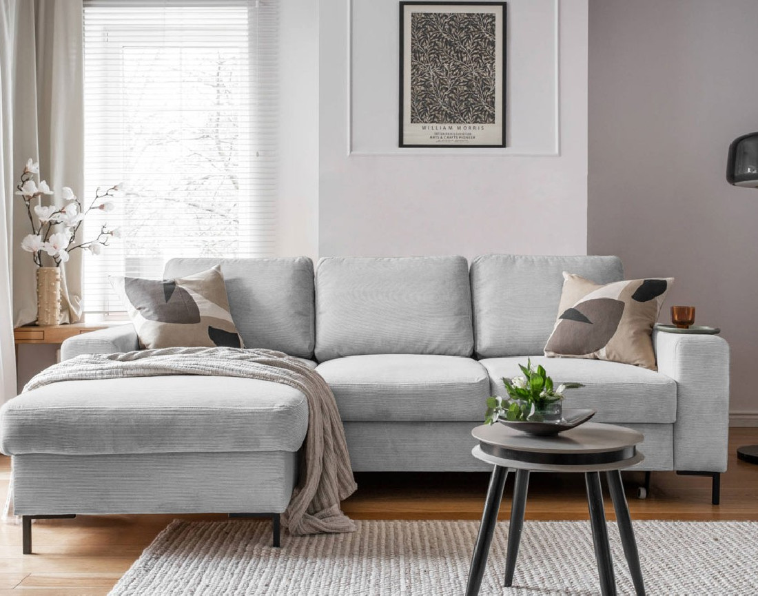 Canapé d'angle gauche 4 places convertible avec coffre en velours côtelé Lilly